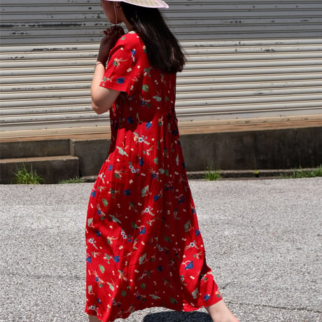 Hat & Flowers print red dress