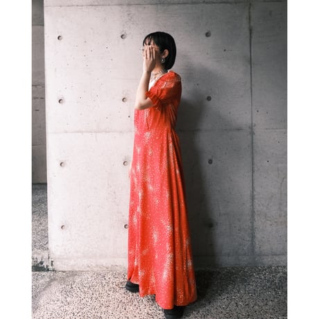 70s puff sleeve flower dress / red