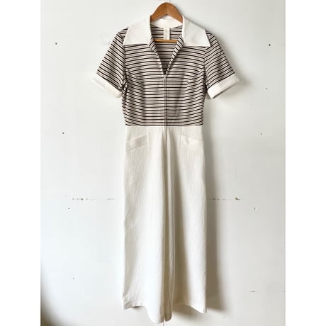 〜70s border wide spread collar jumpsuit