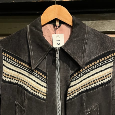 leather × knit jacket / charcoal gray