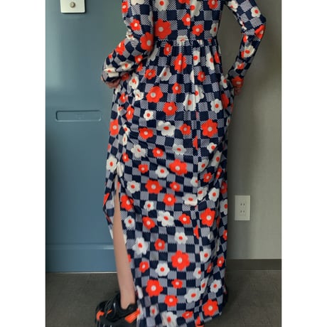 60-70s vintage / block check × flower print dress