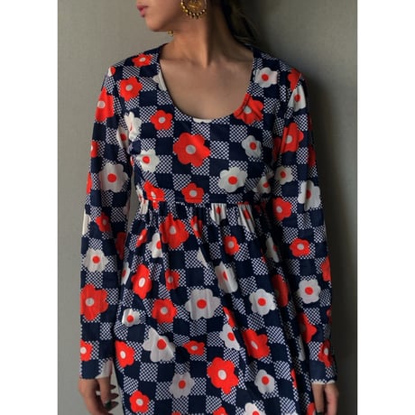 60-70s vintage / block check × flower print dress