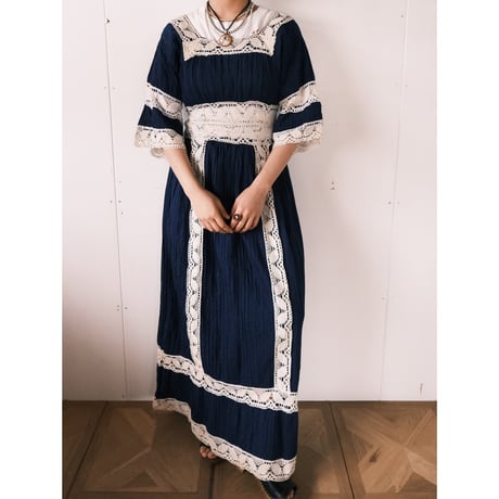cotton × lace dress / navy