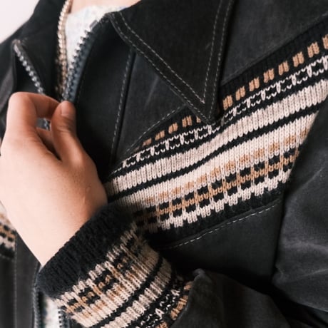 leather × knit jacket / charcoal gray