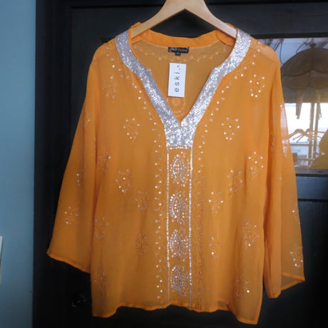 see-through embroidery blouse/orange
