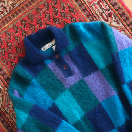 block check mohair collared knit