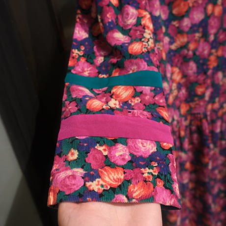 puff sleeve flower print corduroy dress