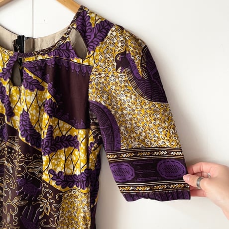African batik purple×mustard dress with animals