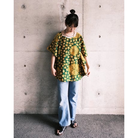 ethnic poncho tops “green×yellow”