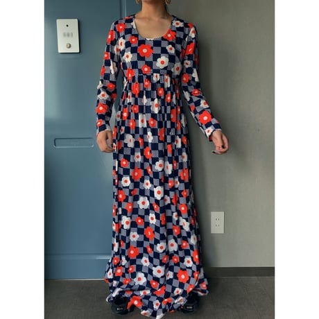60-70s vintage / block check × flower print dress