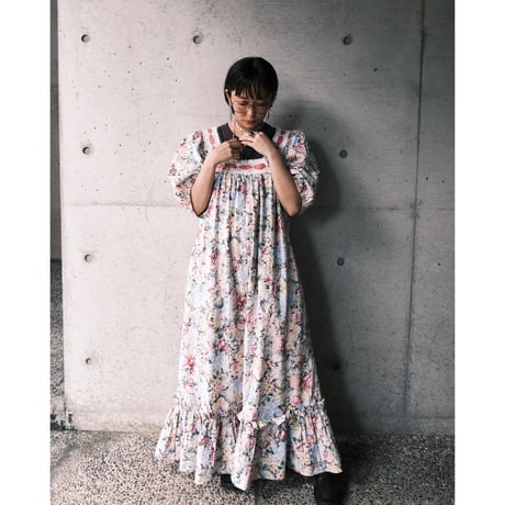 70s~80s square neck flower dress