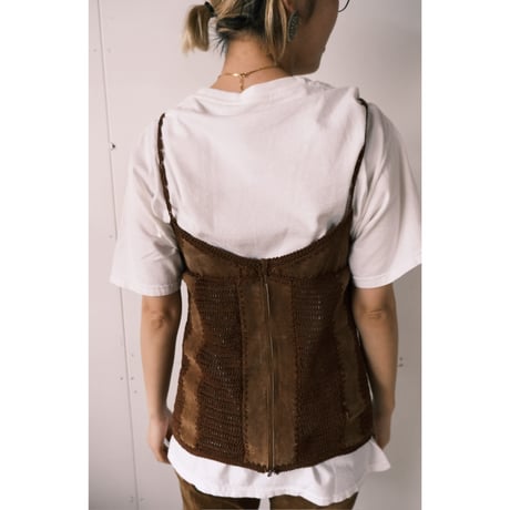 leather × crochet camisole