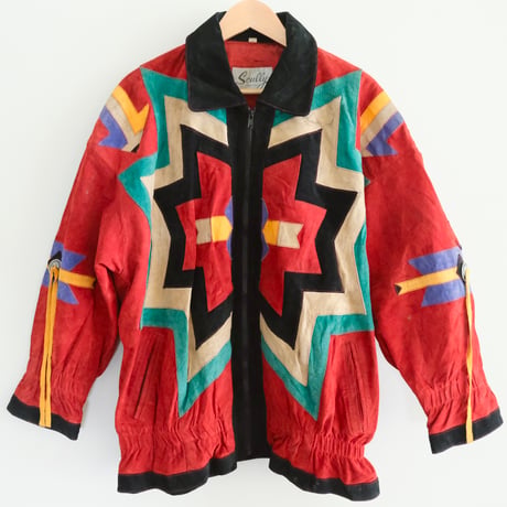 colorful leather designed jacket with concho