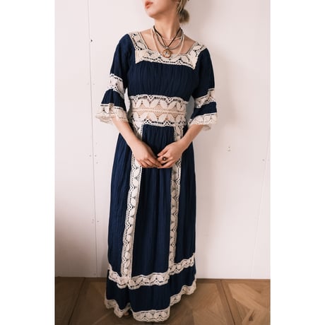 cotton × lace dress / navy