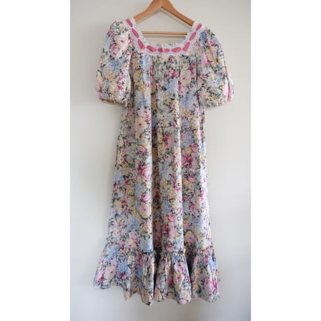 70s~80s square neck flower dress