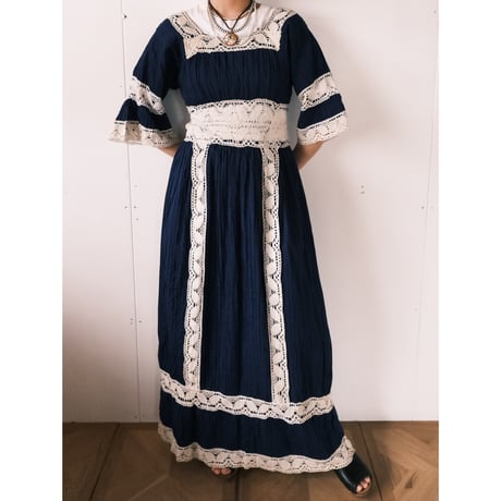 cotton × lace dress / navy
