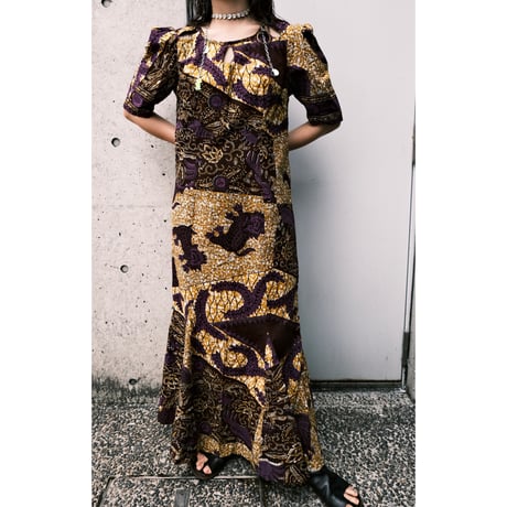African batik purple×mustard dress with animals