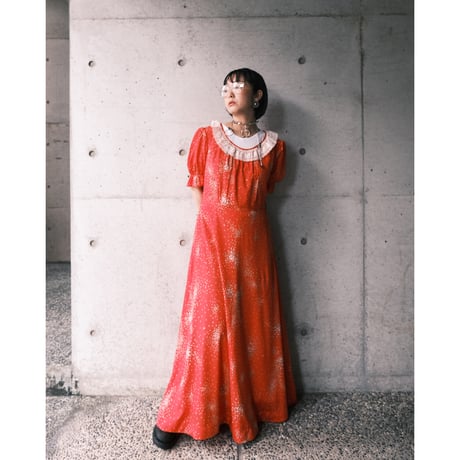70s puff sleeve flower dress / red