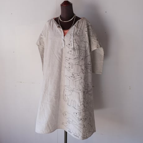 eski. × 画楽 / antique linen smock / animal