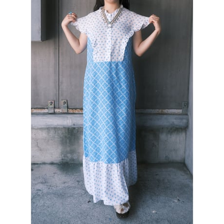 70s flower× check pattern cotton dress
