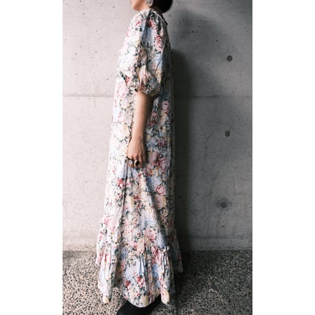 70s~80s square neck flower dress