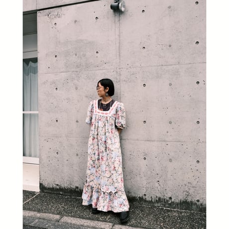 70s~80s square neck flower dress