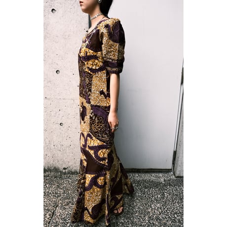 African batik purple×mustard dress with animals