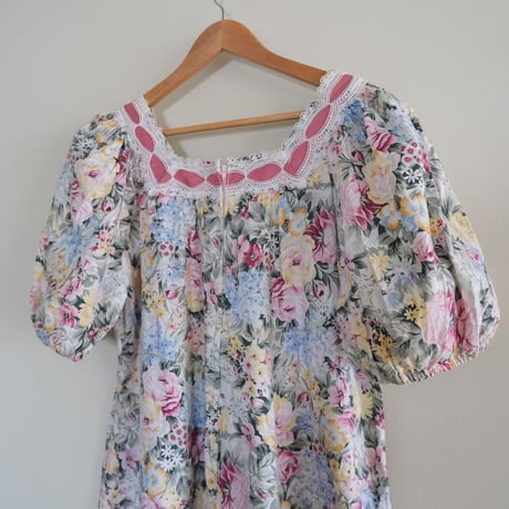 70s~80s square neck flower dress