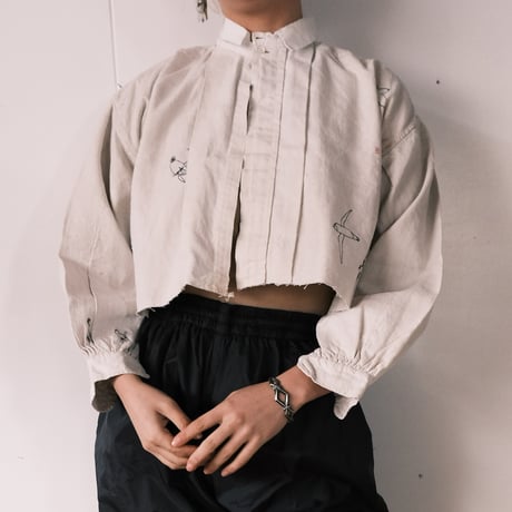 eski × 画楽 / hand paint "birds" antique smock
