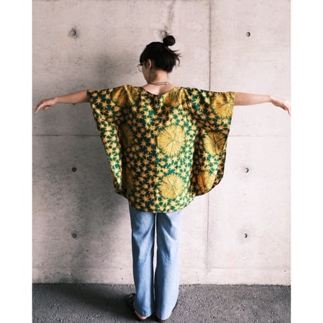 ethnic poncho tops “green×yellow”