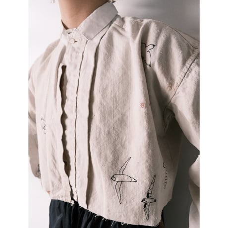 eski × 画楽 / hand paint "birds" antique smock
