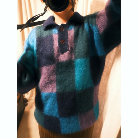 block check mohair collared knit