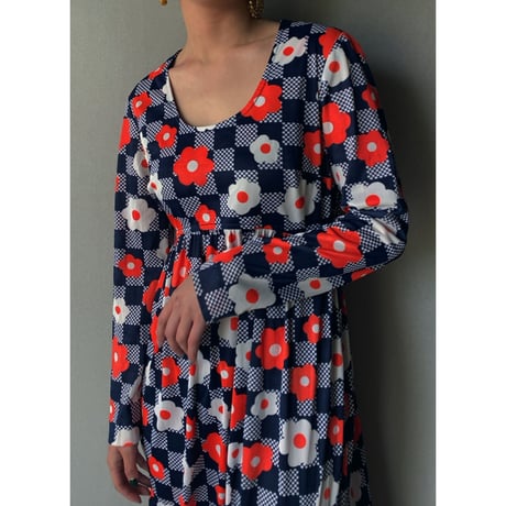 60-70s vintage / block check × flower print dress