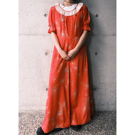 70s puff sleeve flower dress / red