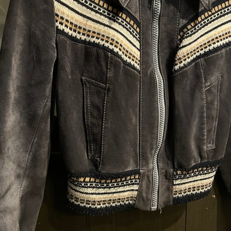 leather × knit jacket / charcoal gray