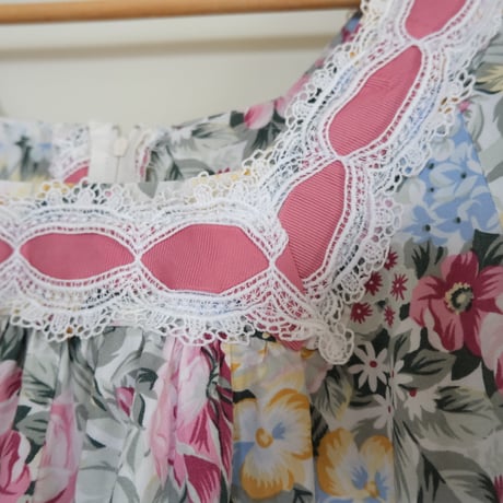 70s~80s square neck flower dress