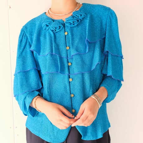 japan vintage / lamé cardigan with blue rose