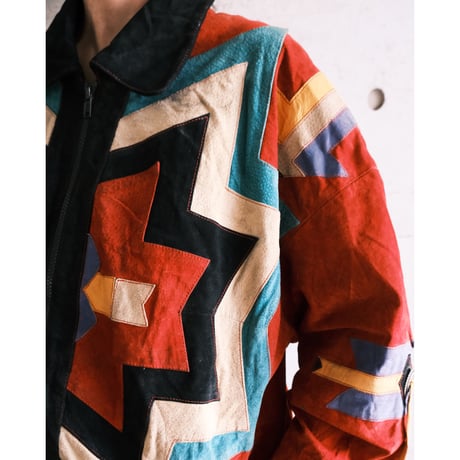 colorful leather designed jacket with concho