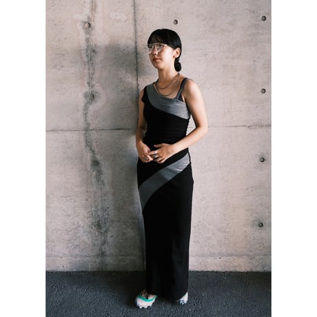 one shoulder dress black×gray with lamé