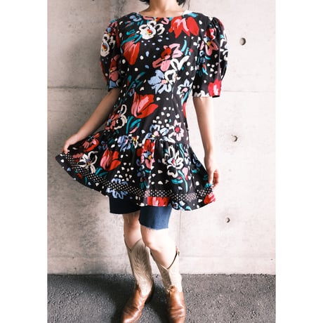 flower × dot print tunic / made in USA