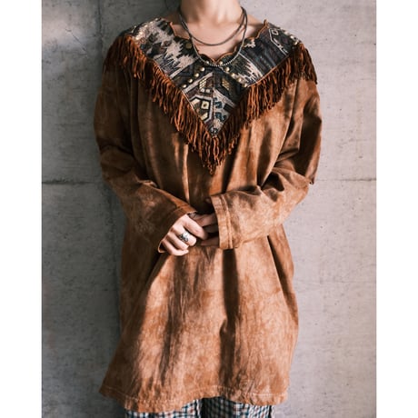 tie-dye cotton long tee with fringe