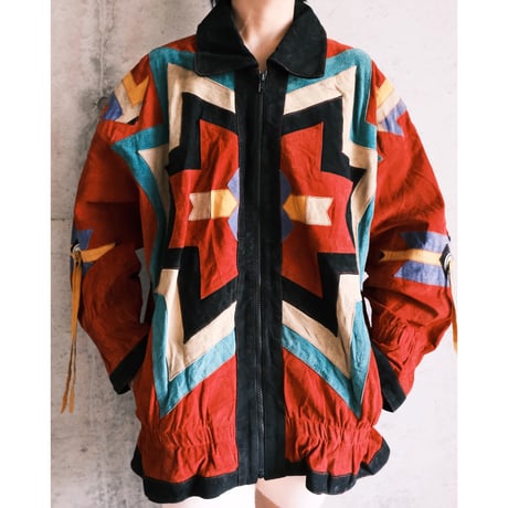 colorful leather designed jacket with concho