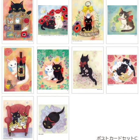 リボンキャット油彩画ポストカード10枚セット（封筒付き）