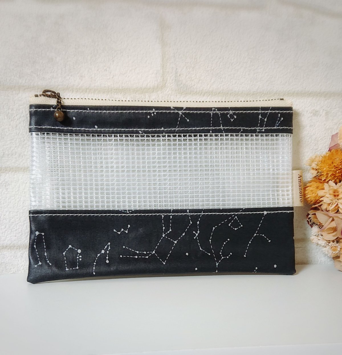 星座柄ラミネート×メッシュビニールの16㎝ファスナーポーチ【No