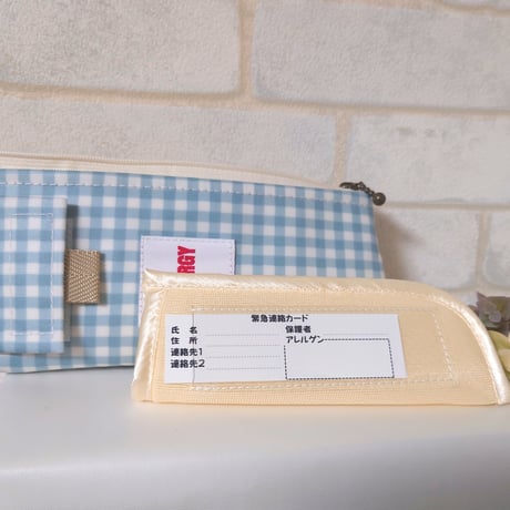 【送料無料】　ひょっこりエピペンポーチ　薄型ペンポーチタイプ〈持ち手無し〉くすみブルーギンガムチェックラミネート【No.20250903】