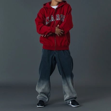 XLARGE | PERFORATED LEATHER LOGO ZIP UP HOODED SWEATSHIRT(BURGUNDY)