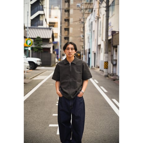 GRAND COLLECTION / SEERSUCKER SHORT SLEEVE ZIP UP SHIRT (BLACK)