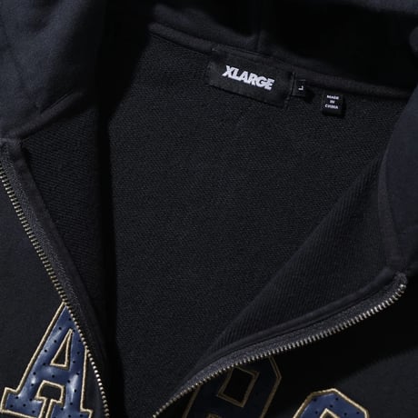 XLARGE | PERFORATED LEATHER LOGO ZIP UP HOODED SWEATSHIRT(BLACK)
