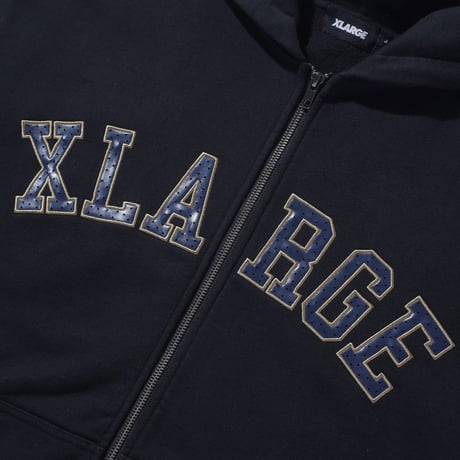 XLARGE | PERFORATED LEATHER LOGO ZIP UP HOODED SWEATSHIRT(ASH)
