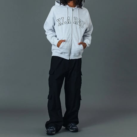 XLARGE | PERFORATED LEATHER LOGO ZIP UP HOODED SWEATSHIRT(ASH)